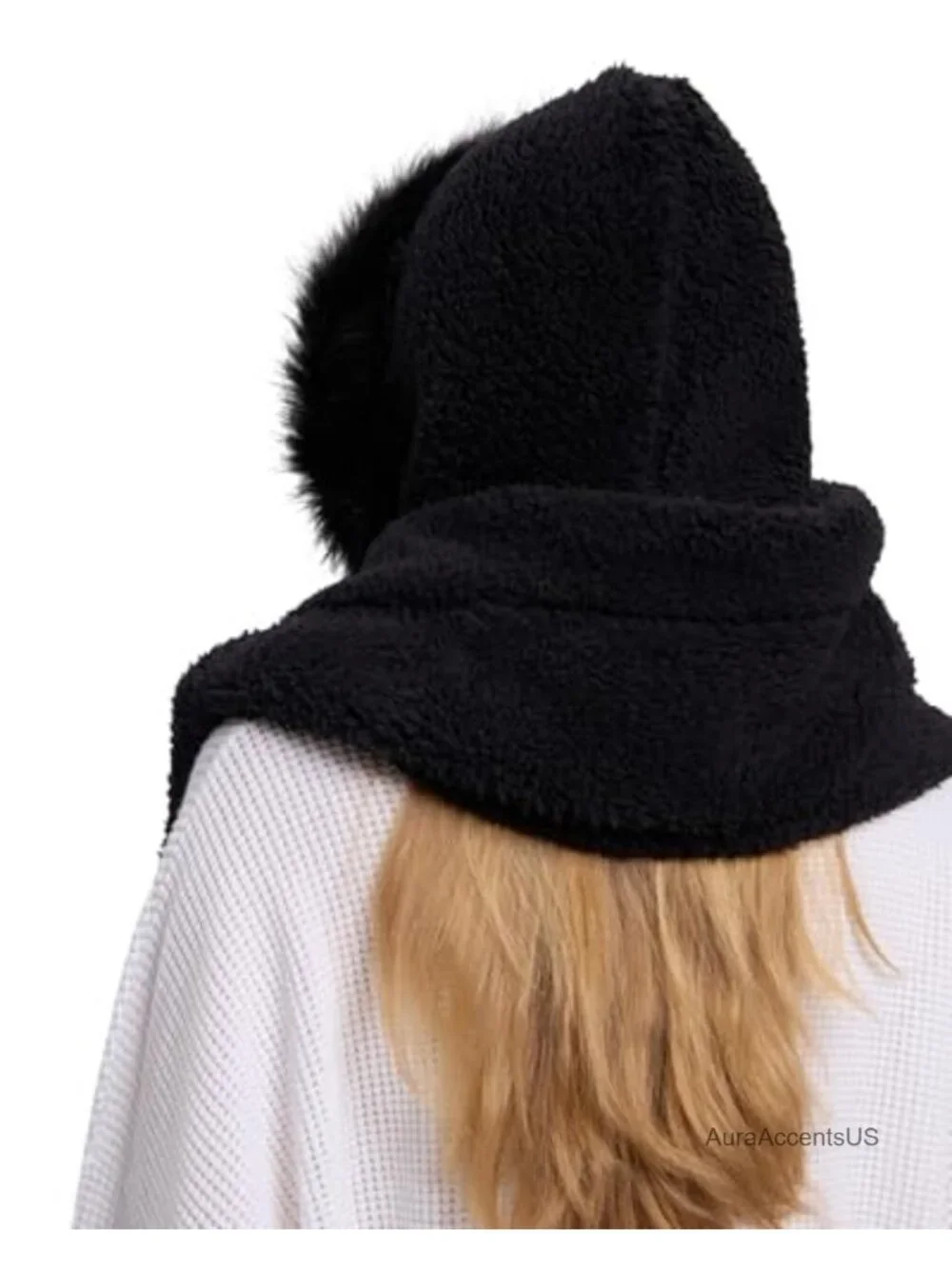 Faux Sherpa Hooded Scarf with Faux Fur Trim 3-in-1 Hat Gloves Set Winter